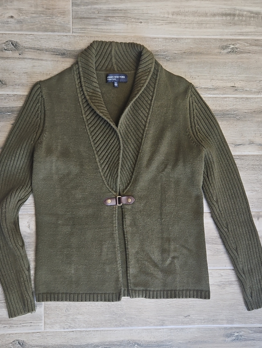 Jones New York Olive Shawl-Collar Toggle Sweater